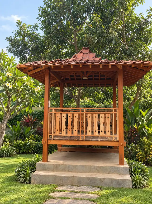 Gazebo kayu beratap genteng dengan pagar kayu bubut; taman di sekitarnya visualisasi