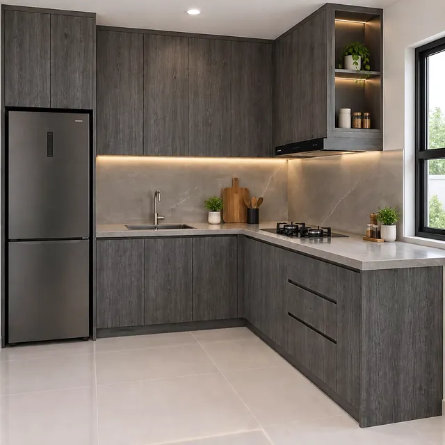 Kitchen set bentuk L warna abu-abu motif kayu dengan lampu di bawah kabinet atas